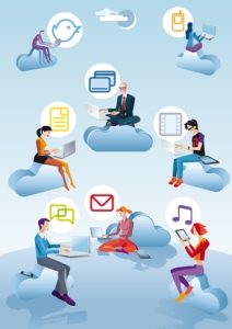 Eight character (four Men ans four women) flying and working between clouds. They are working with computers, smartphones and tablets. Next to each person appears an icon related to internet.